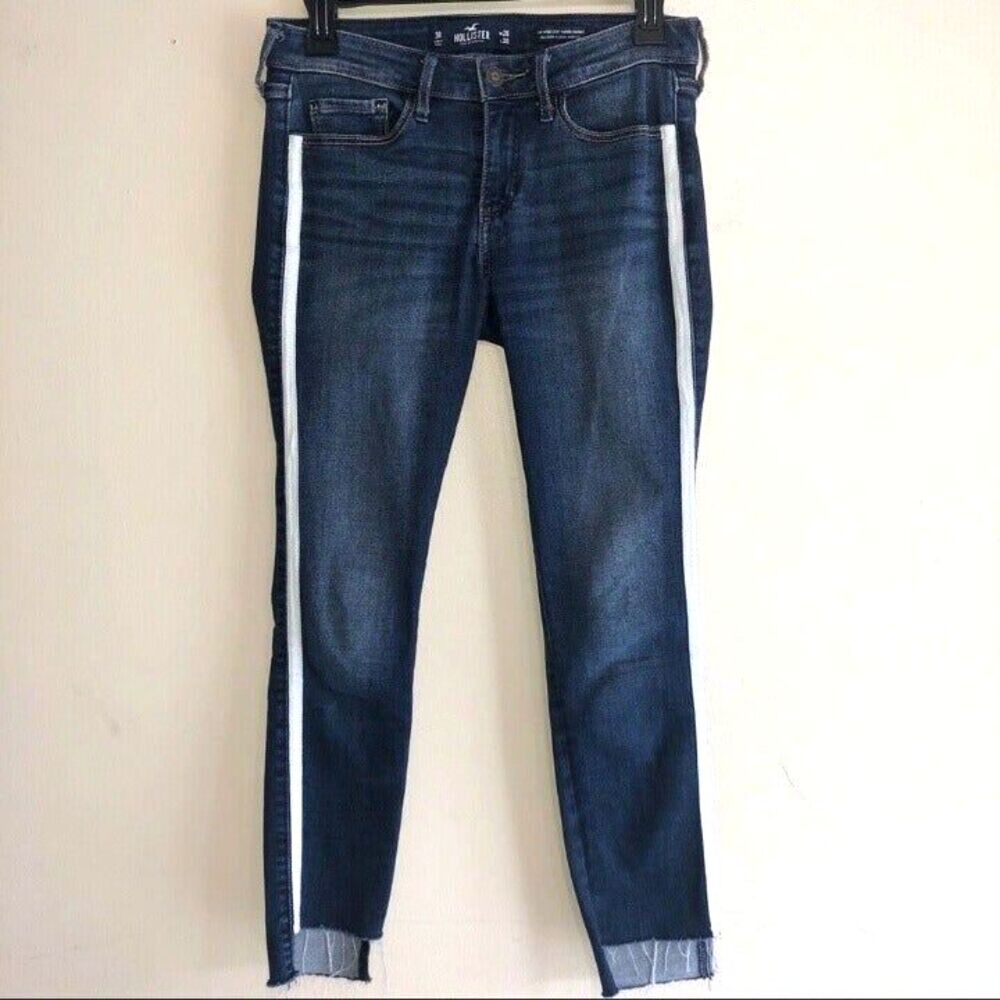 Hollister Ankle Crop Skinny Jeans High Low Raw Hem White Strap Size 3 Stretch